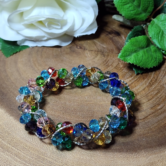 Jewelry - Chunky Multicolor Crystal Wire-Wrapped Beaded Stretch Bracelet